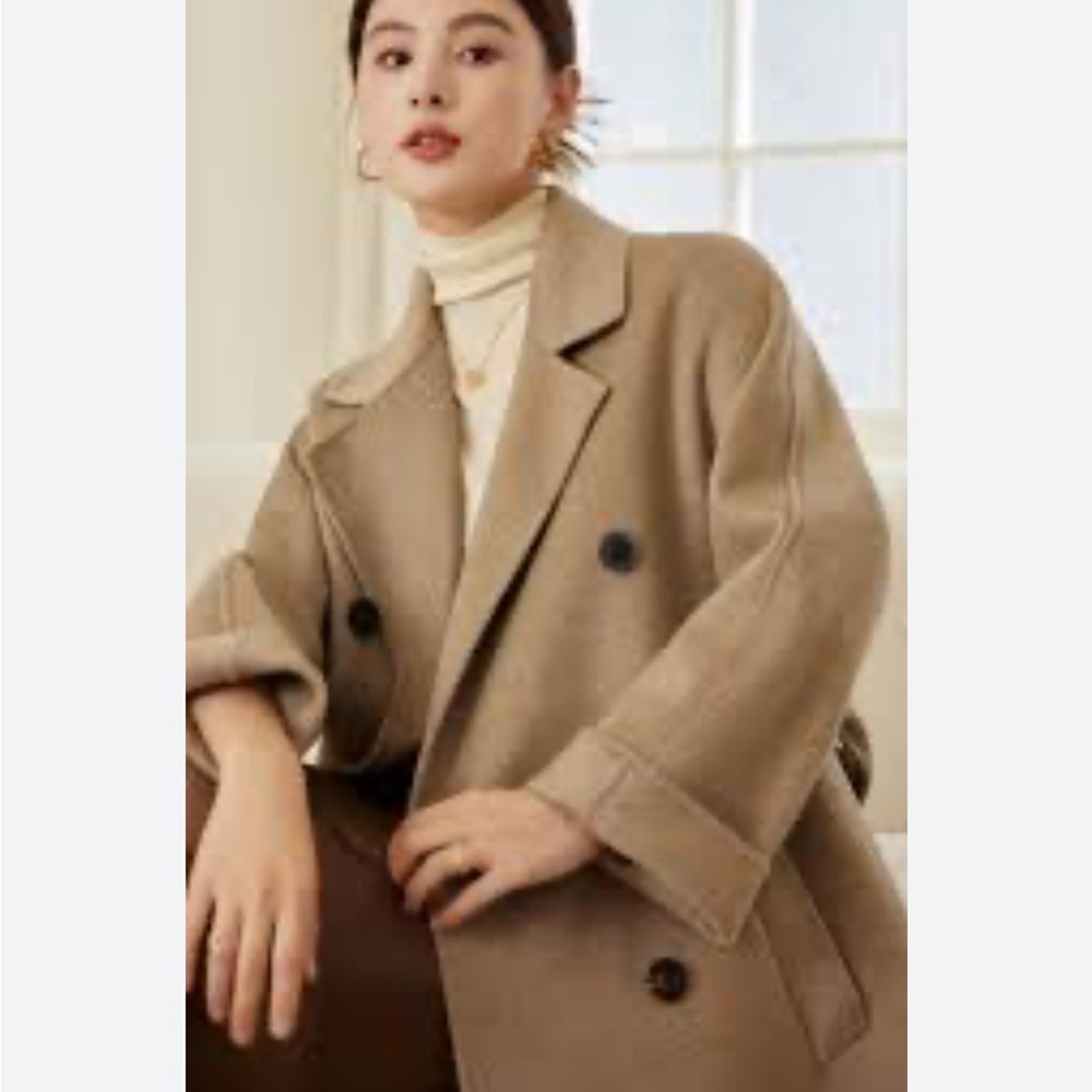 Monday Smile Long Double Breasted PeaCoat Tan Pockets Long Sleeve Sz L NEW